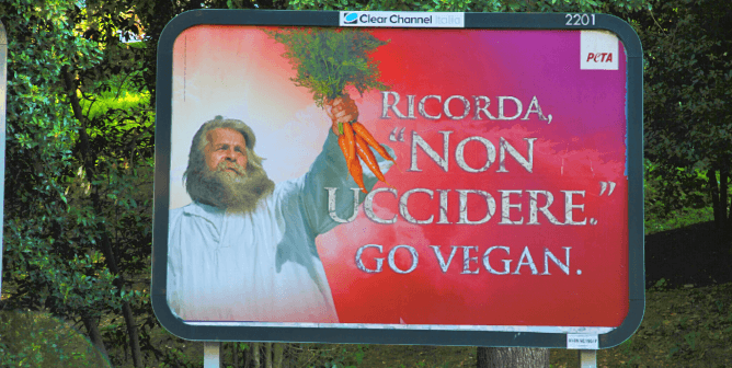 Moses saying "Thou Shalt Not Kill" in Rome PETA ad