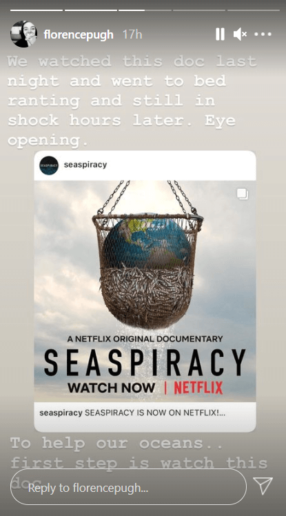 Florence Pugh instagram story about Seaspiracy