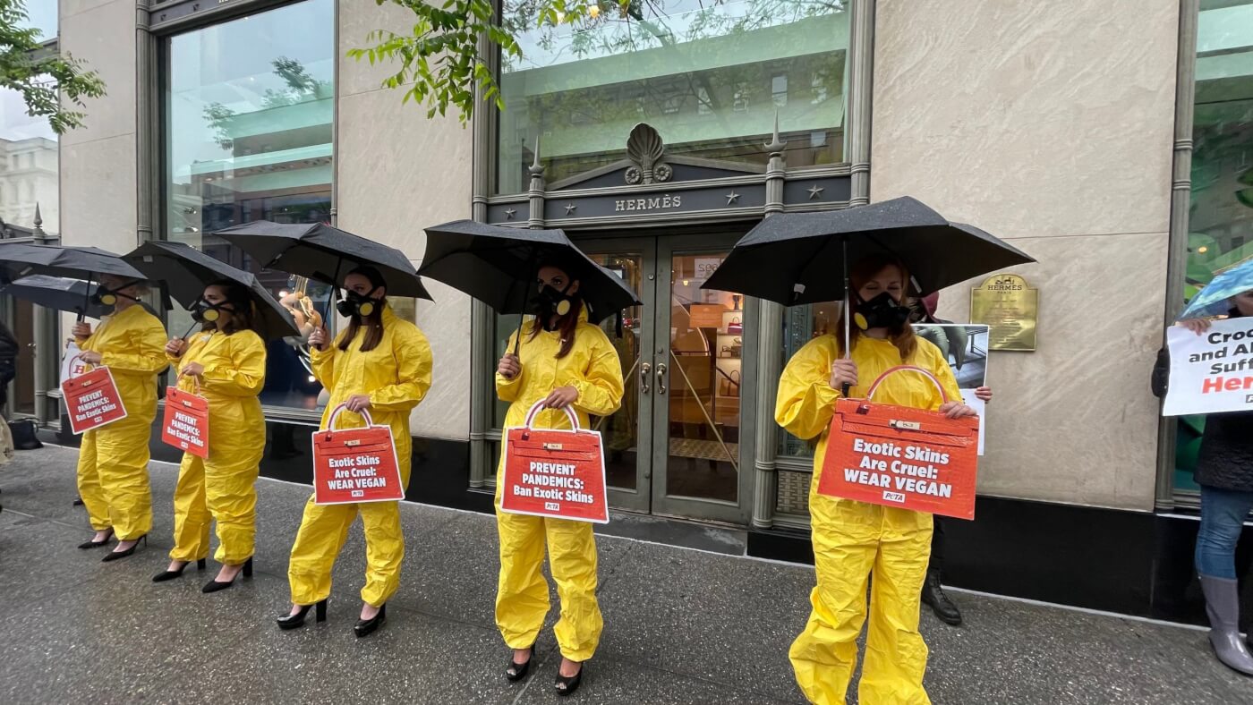 Hazmat suits and high heels PETA protest outside Hermes NYC