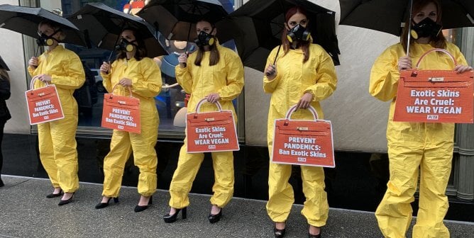 hazmat suits and high heels PETA Hermes protest 2021