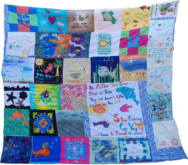 PETA's Fish Empathy Quilt handcrafted with squares of fish artwork related to the fishing industry