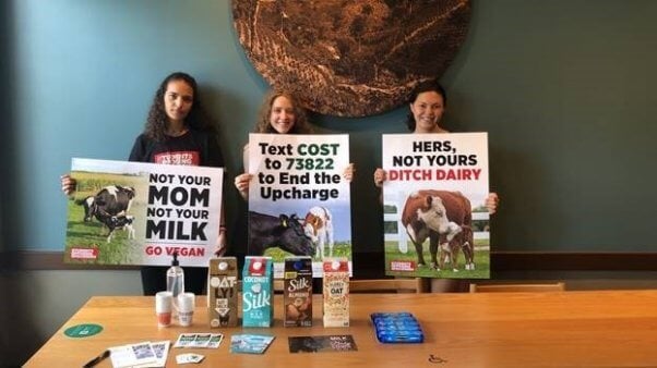 3 students stand indoors with their signs protesting Starbucks