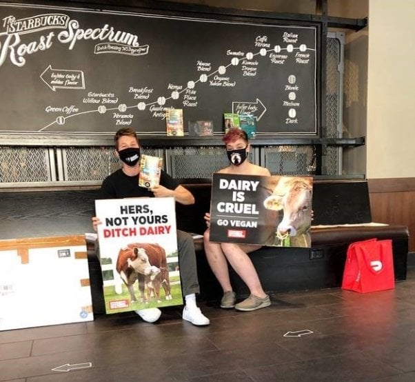 2 students literally sit in a Starbucks with their protest signs against the vegan meat surcharge