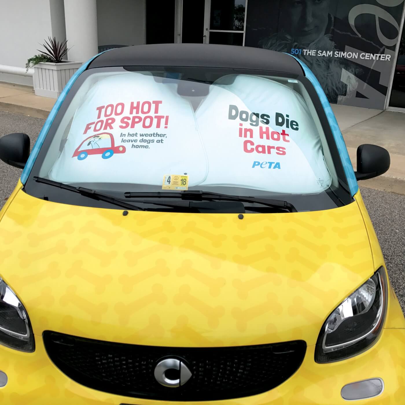 A yellow car decorated with pale dog-bones sports the "Too Hot For Spot" sunshade as Car Decor