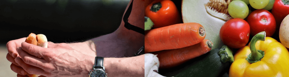 Hands hold a hot dog and are paralleled by healthy vegetables on the other side