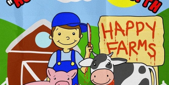 A cartoon of a farmer with a bloody knife and dying, smiling animals