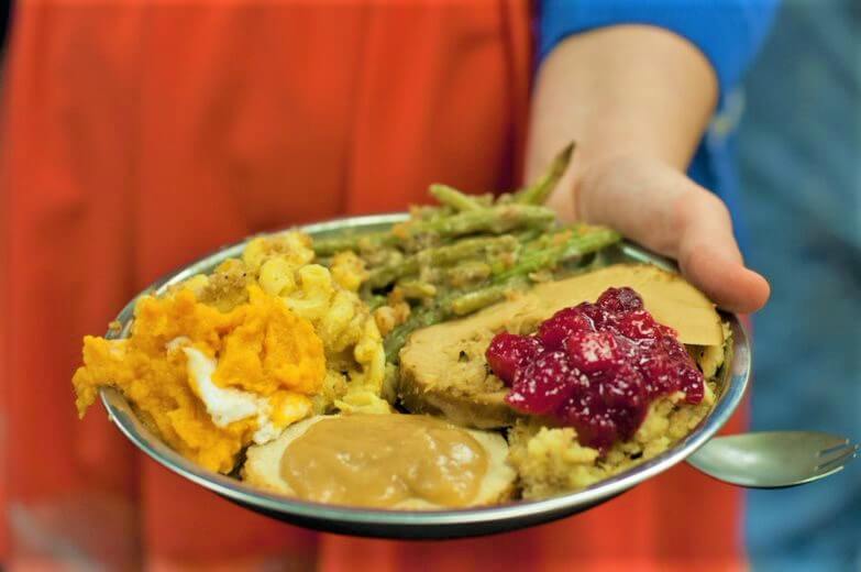 Person holding plate of vegan holiday food