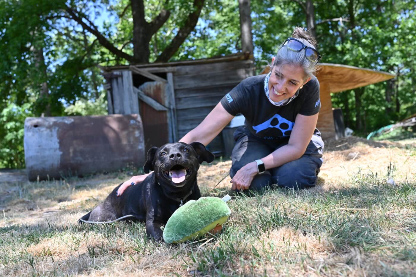 Daphna Nachminovitch petting black dog outside