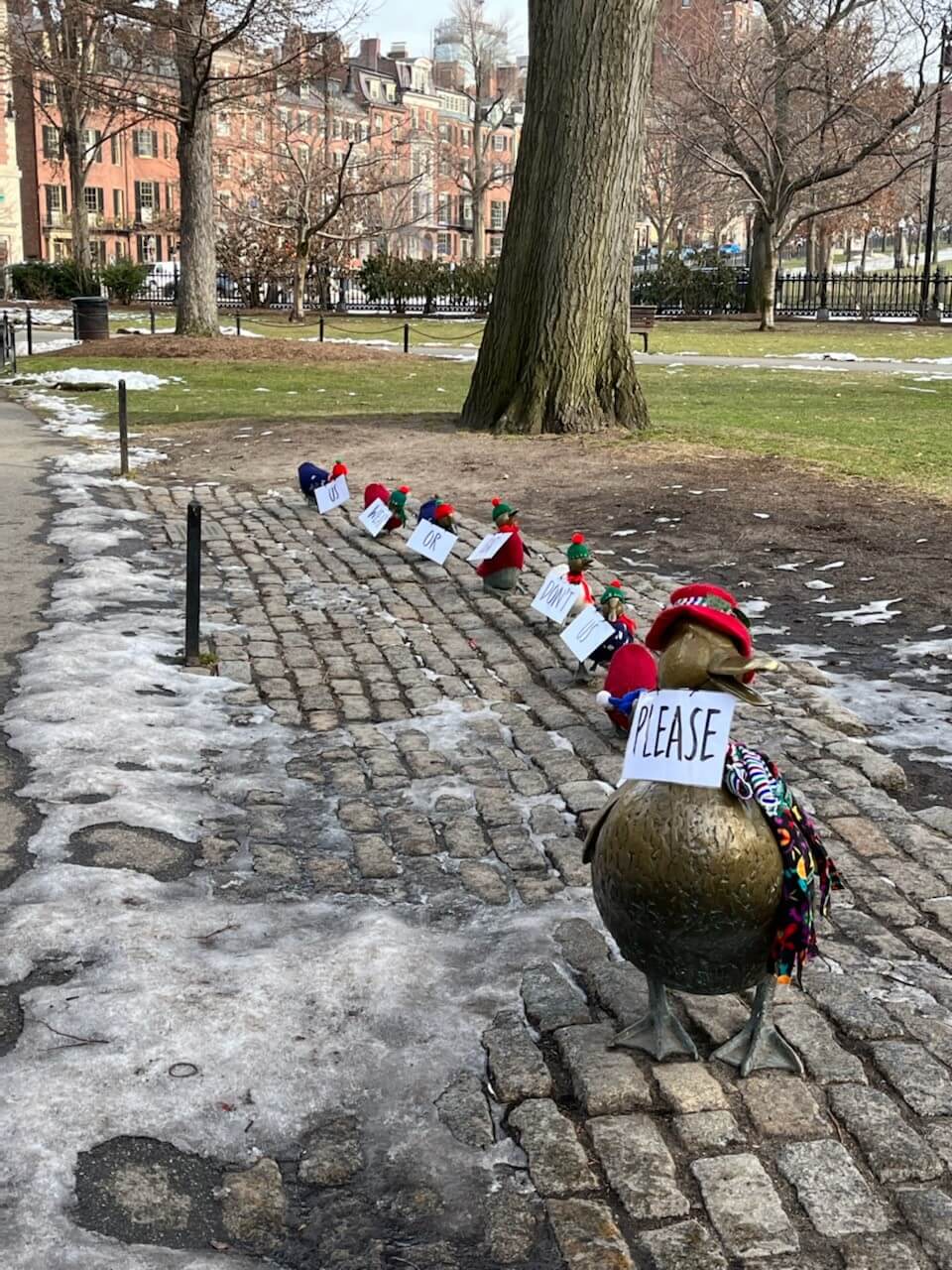 "Please Love Us, Don't Eat or Wear Us" signs at the Make Way for Ducklings statues in Boston, MA