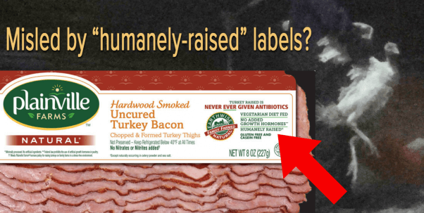 "humane" label on Plainville farms turkey package, with yellow text asking "Misled by 'humanely-raised' labels?"