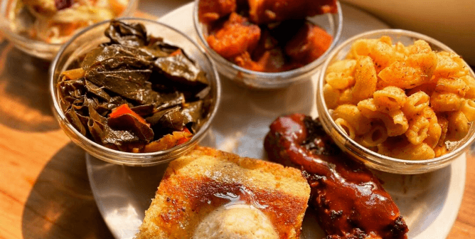 Platter of vegan food from Trio Plant-Based