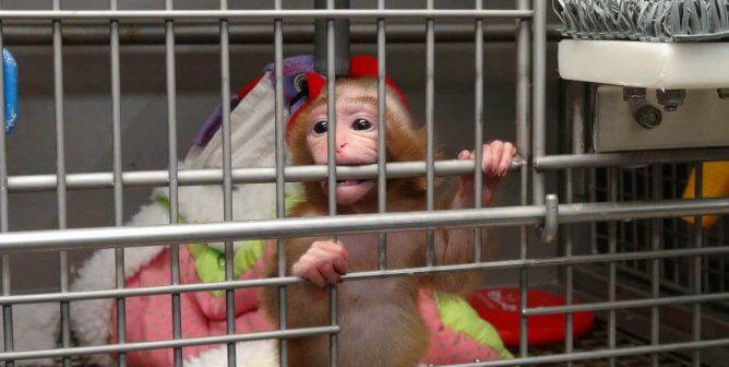 An infant monkey who is used for experimentation is biting the cage bars.