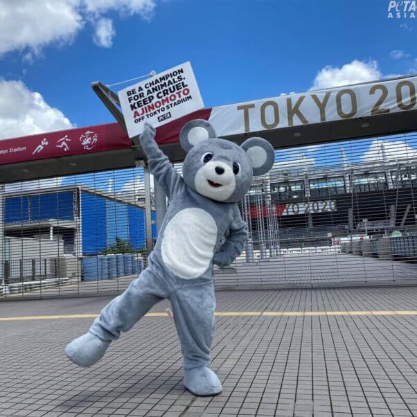 PETA’s rat mascot Rei stood outside Tokyo Stadium to call for Ajinomoto’s name to be kept off the stadium