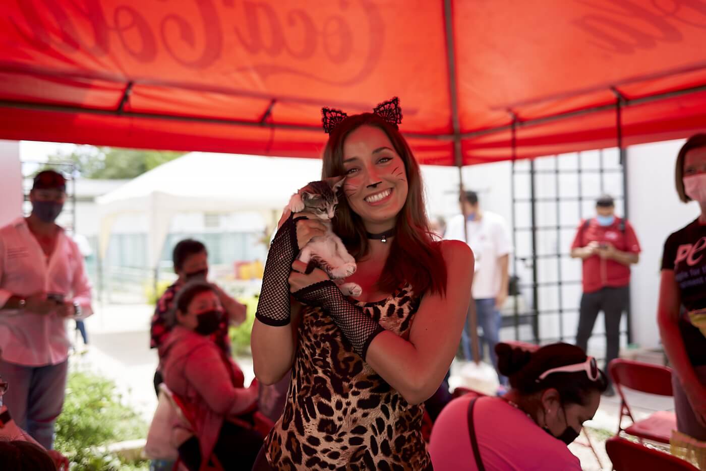 woman in a cat costume holding a kitten