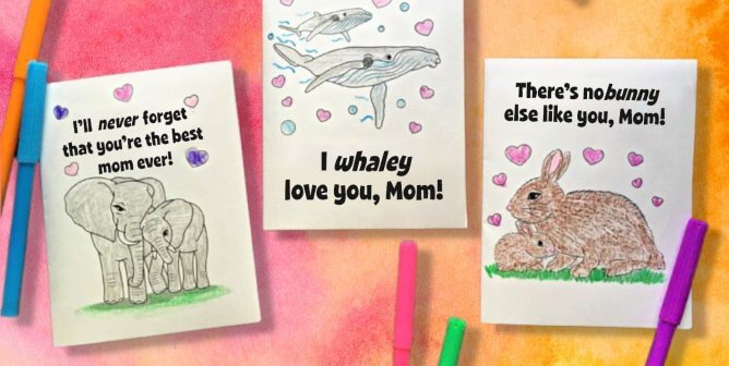 PETA Kids printable cards for mom featuring animals