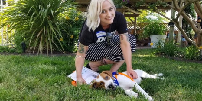 woman petting dog lying on grass at PETA adoption event