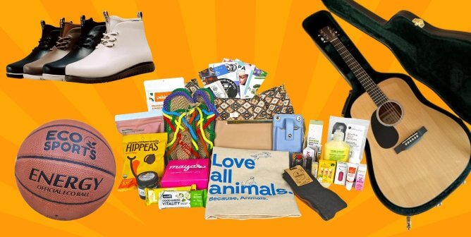 Collage of items to win at PETA's June 2022 auction