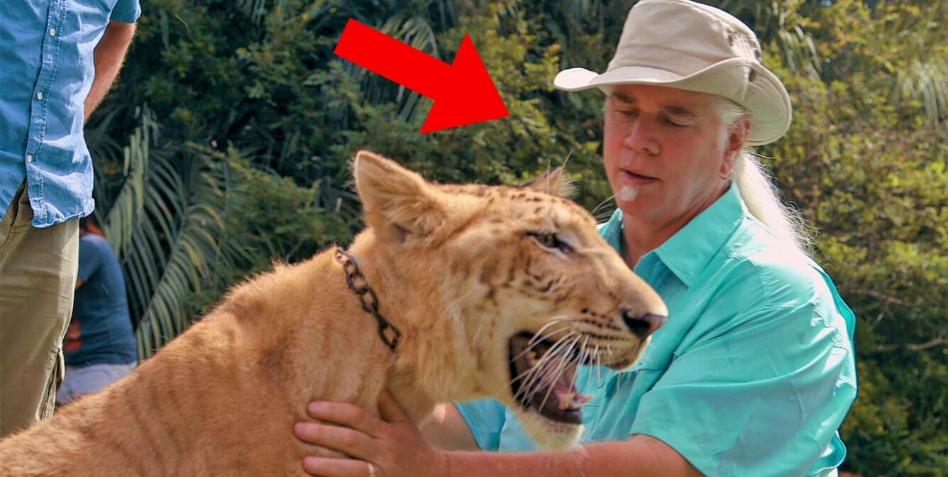 red arrow points at doc antle with big cat