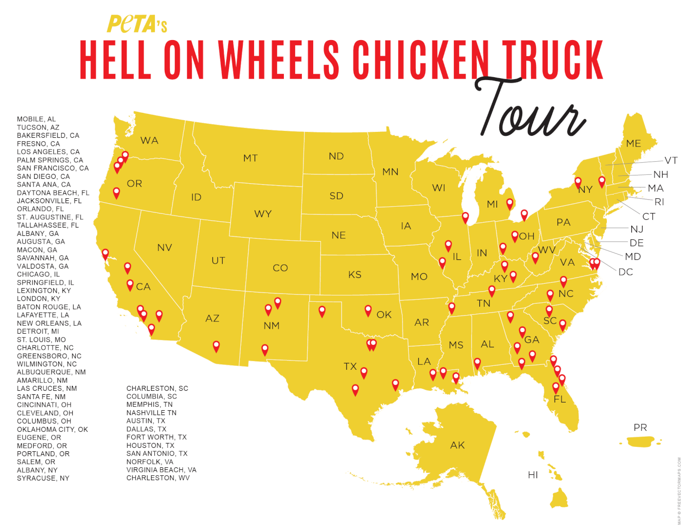 infographic map shows the nearly 50 U.S. cities visited by PETA's "Hell on Wheels" truck