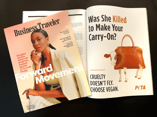 Business Traveler Anti Leather Mag Ad Leather Destroys Animals’ Lives and the Environment