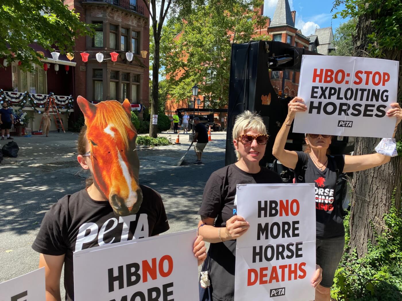 protest against using live horses in film and tv after a horse died on HBO
