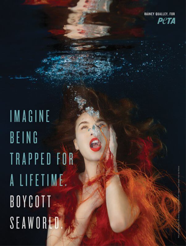 Ad with Rainey Qualley underwater with the text "Imagine being trapped for a lifetime. Boycott SeaWorld."