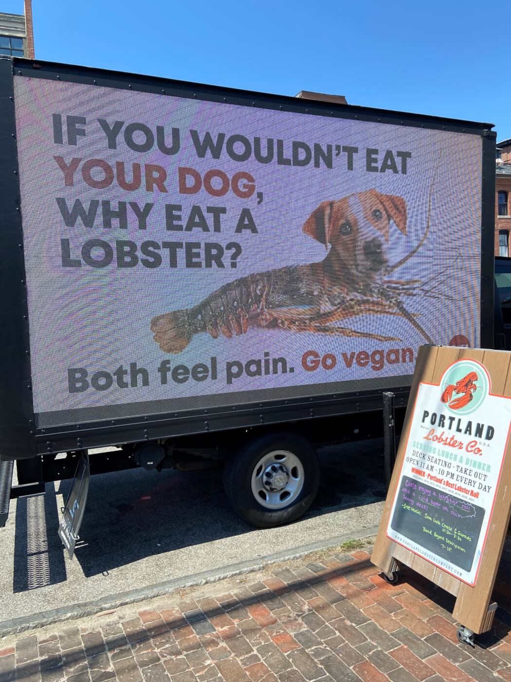 A mobile billboard in Portland, ME reads "If you wouldn't eat your dog, why eat a lobster? Both feel pain. Go vegan." with an image of a lobster with a dog's head.