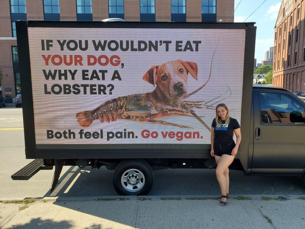 A mobile billboard in Portland, ME reads "If you wouldn't eat your dog, why eat a lobster? Both feel pain. Go vegan." with an image of a lobster with a dog's head.