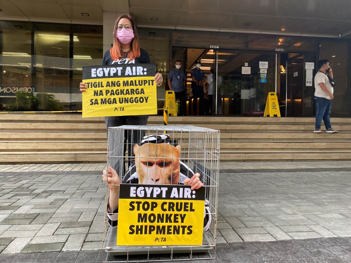 Demonstrators took to the streets outside the Egyptian Embassy in Manila, Philippines, to let folks know that EGYPTAIR continues to ship monkeys to laboratories.