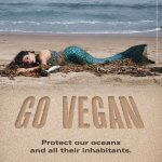 Patricia Manterola mermaid anti-fishing ad with the text "Go Vegan"
