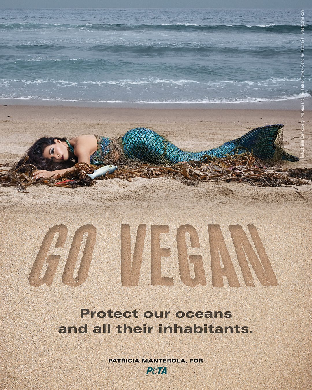 Patricia Manterola mermaid anti-fishing ad with the text "Go Vegan"