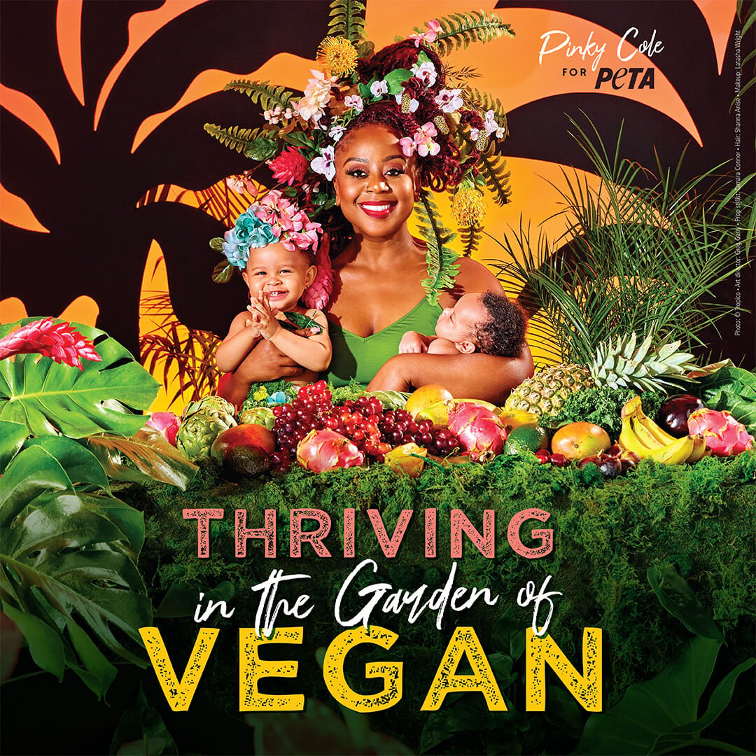 Pinky Cole holding her two babies in a bed of plants, with the text overlaid "Thriving in the garden of vegan".