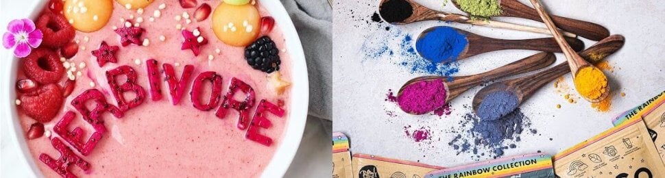 vegan natural food coloring from plants and a pink smoothie bowl that says herbivore