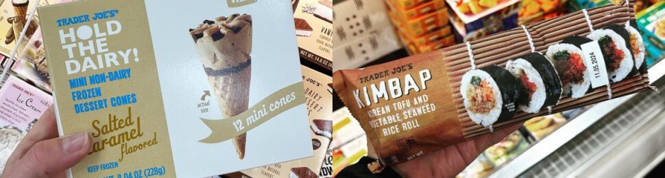 two trader joe's product photos, left shows the hold the dairy salted caramel mini ice cream cones, and the right shows the vegan kimbap