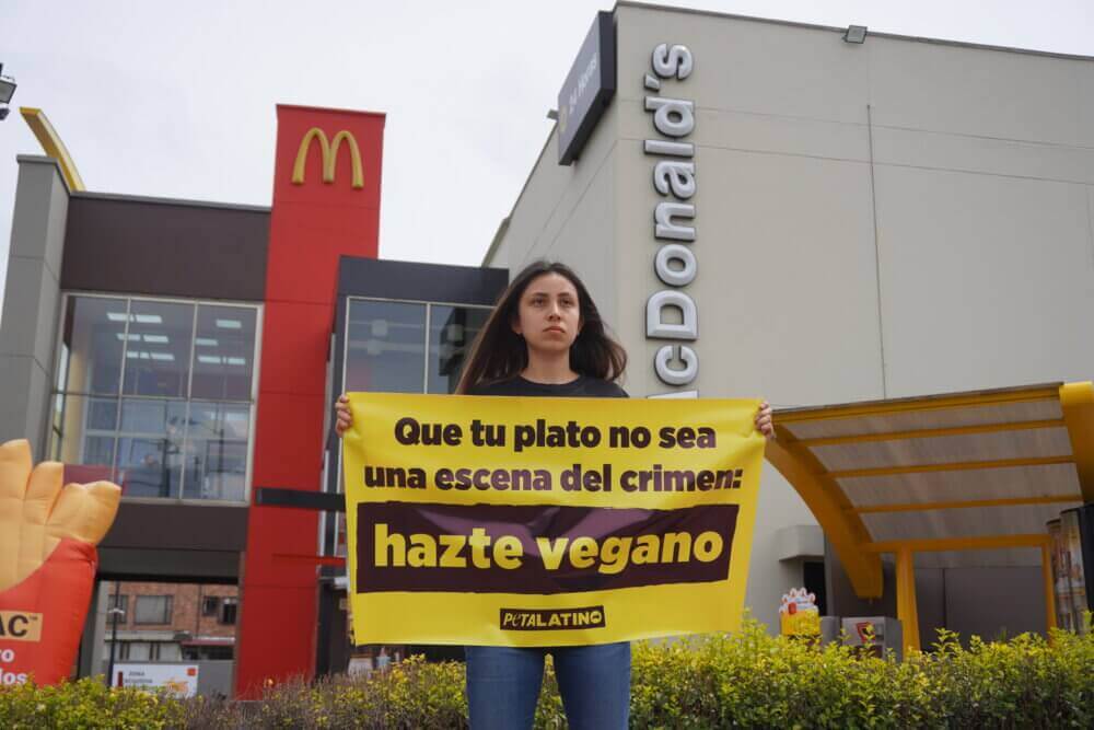 woman standing with a sign in front of McDonalds at PETA Latino's "crime scene" demonstration in Colombia