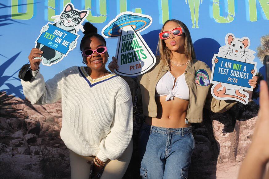 3 attendees (including social media influencer Jessica Killings pictured on the right) of a PETA "Abduction" event in Los Angeles, in which humans had a VR experience to learn what it