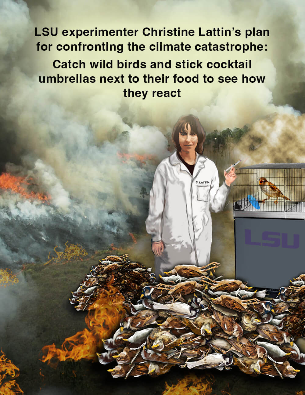 LSU experimenter Christine Lattin's plan for confronting the climate catastrophe: Catch wild birds and stick cocktail umbrellas next to their food to see how they react