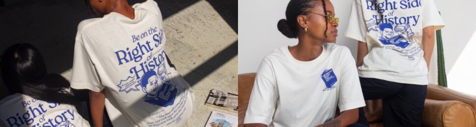 two photos of girls wearing the peta sos don't eat the homies collab tshirt which is white with blue lettering and says "be on the right side of history" with a graphic of a boy and a girl reading a book about human history