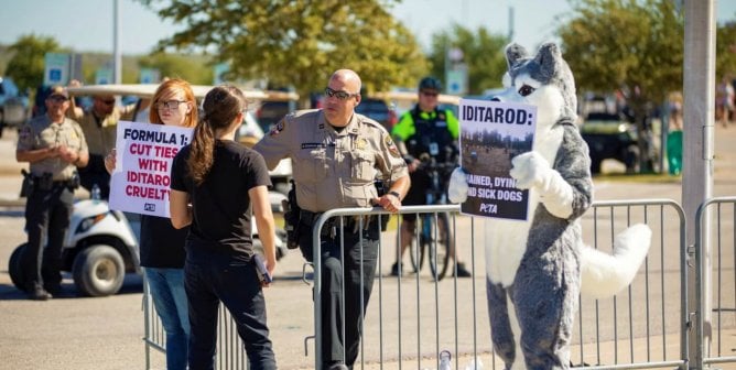 Photos: Police Arrest ‘Husky’ at PETA Protest Against F1’s Iditarod Ties