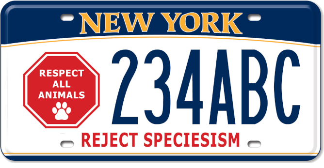 A sample license plate with the "reject speciesism" and "respect all animals" markings