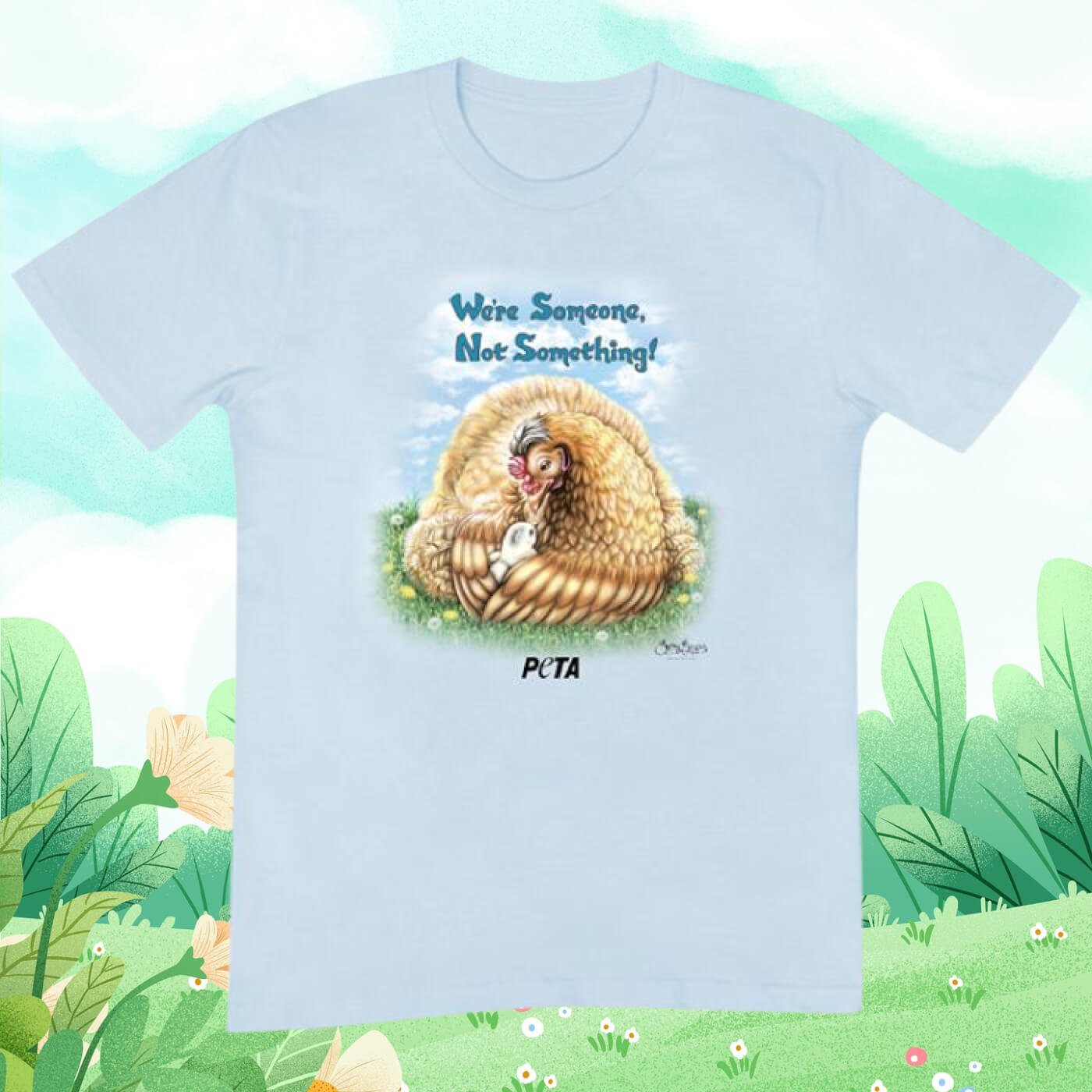 Betsy Baytos chicken design on a light blue tee