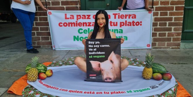 Colombian model Kathy Moscoso sitting on a fake plate surrounded by fruits. She is holding a sign with a pig on it.
