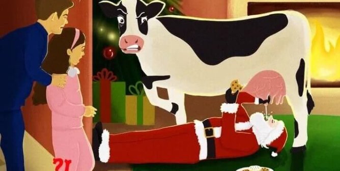 令人不安的画面:圣诞老人在圣诞树旁吮吸奶牛的乳房gydF4y2Ba