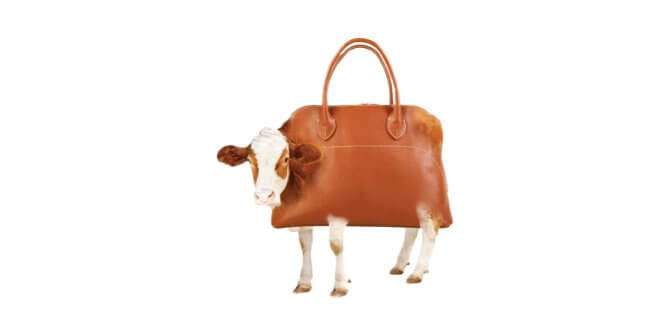 A brown leather purse with a cow's head and legs.