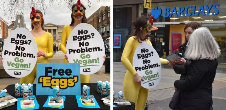 ‘Chicks’ Pass Out Free … Eggs?! They’re Vegan, of Course!