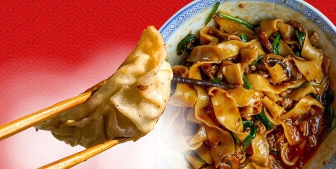 dumpling held by chopstick and bowl of delicious noodles