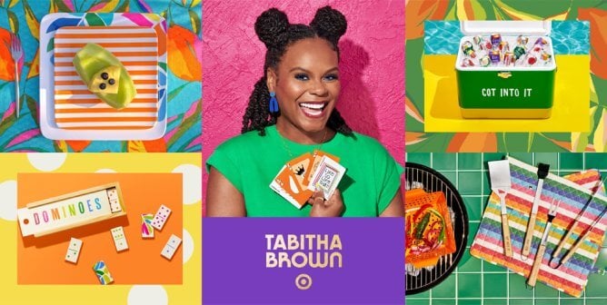 Tabitha Brown for target promotional image with Tabitha in the center, surrounded by product images from her new Target collection