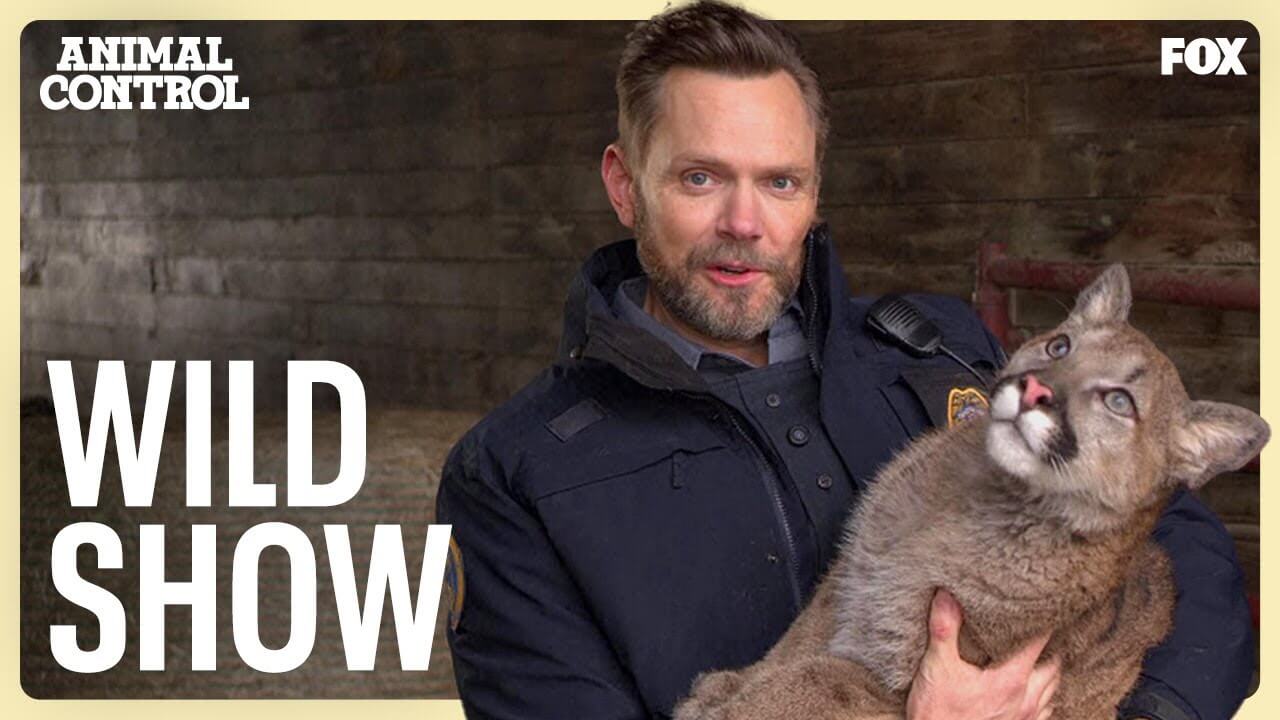 photo of joel mchale in a jacket holding a cougar. the words "animal control", "wild show" and "FOX", as in the broadcasting corporation, are overlaid on separate parts of the image.