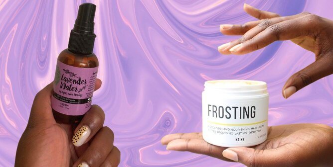 Black owned beauty spray and cream in front of swirling purple background