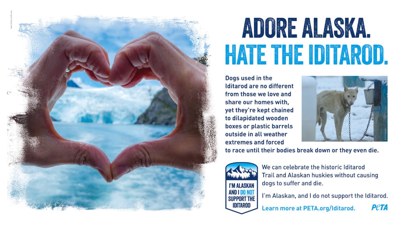 hands in heart shape with message of "ADORE ALASKA. HATE THE IDITAROD."